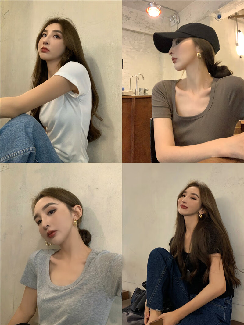 2021新款领恤女夏季短款辣妹紧身显瘦打底薄款灰色修身短袖上衣白色