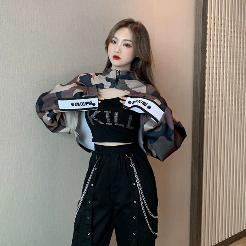 女团风韩舞表演三酷女孩个性穿搭街舞爵士舞嘻哈跳舞jazz服装迷彩外衣