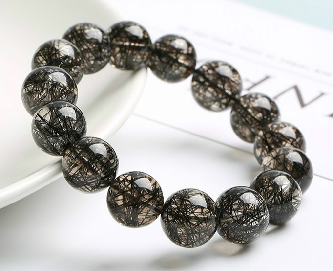 天然巴西黑发晶手链女男士单多圈钛晶手串黑色能量水晶情侣饰品12mm单