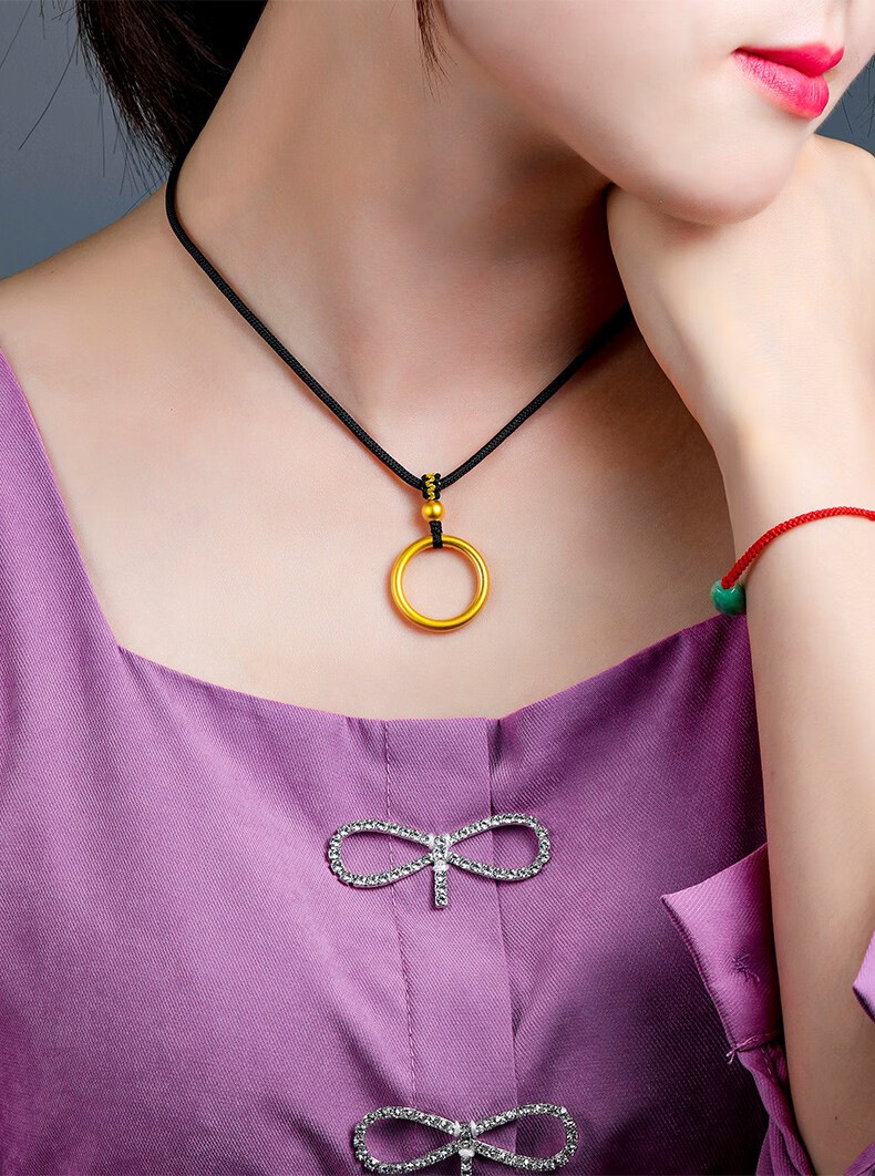 老凤凰足金项链男士硬金素圈黄金吊坠女编绳挂坠挂饰情侣款一对生日