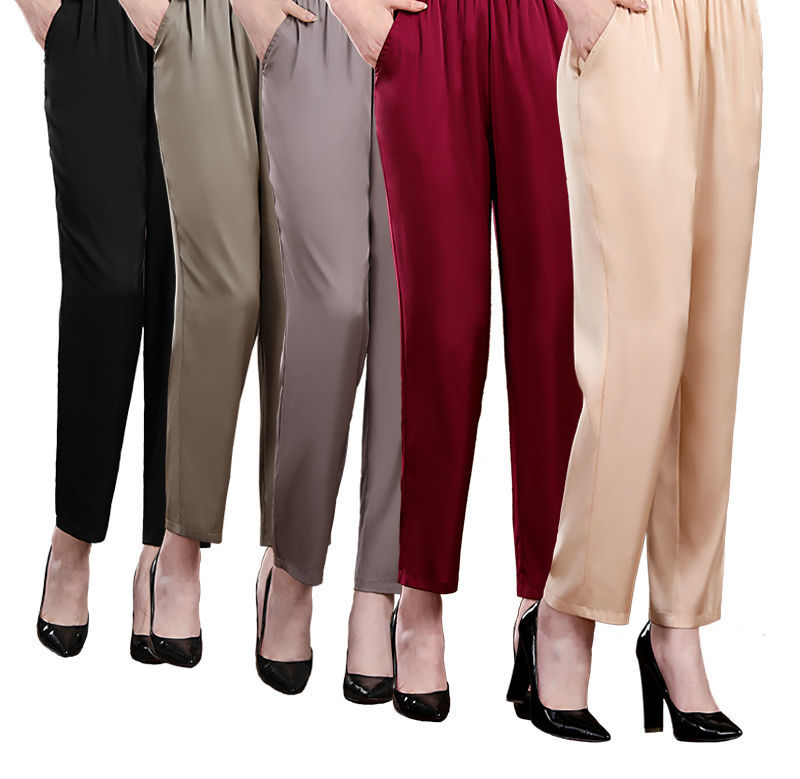 soem桑蚕丝女裤夏季高腰宽松中老年显瘦妈妈装真丝九分裤女杏色xl建议