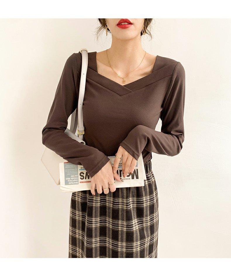 德绒方领打底衫女春2022新款法式u领西装内搭洋气长袖女上衣奶茶色l