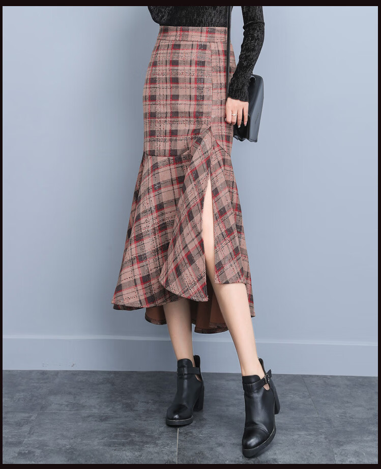 bqd韩国香港潮牌格子半身裙中长款秋冬季长裙裙子女冬裙高腰开叉荷叶