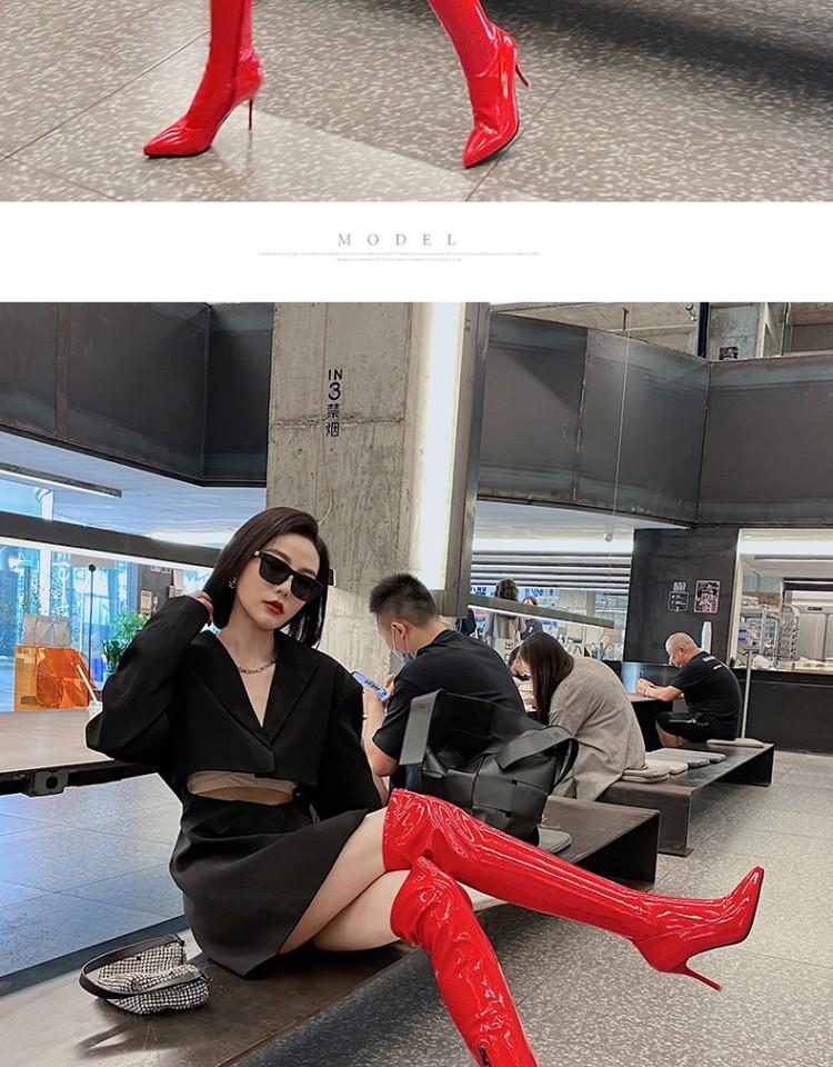 漆皮过膝长靴高跟女网红靴子亮面长筒靴性感大腿靴爵士舞尖头细跟