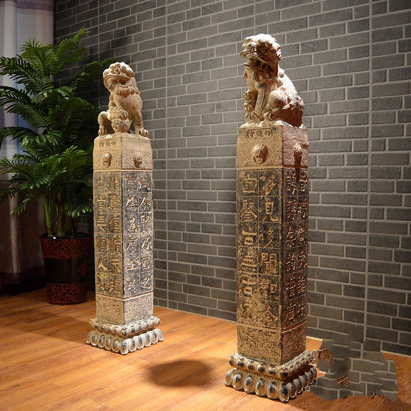 新中式复古拴马桩仿石雕仿石柱狮子柱子栓马石玄关创意守护神摆件 泥