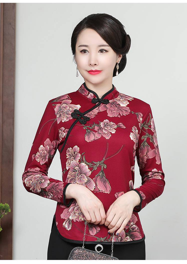 浪莎妈妈装打底衫加绒中式改良旗袍上衣女长袖加厚复古盘扣唐装t恤秋