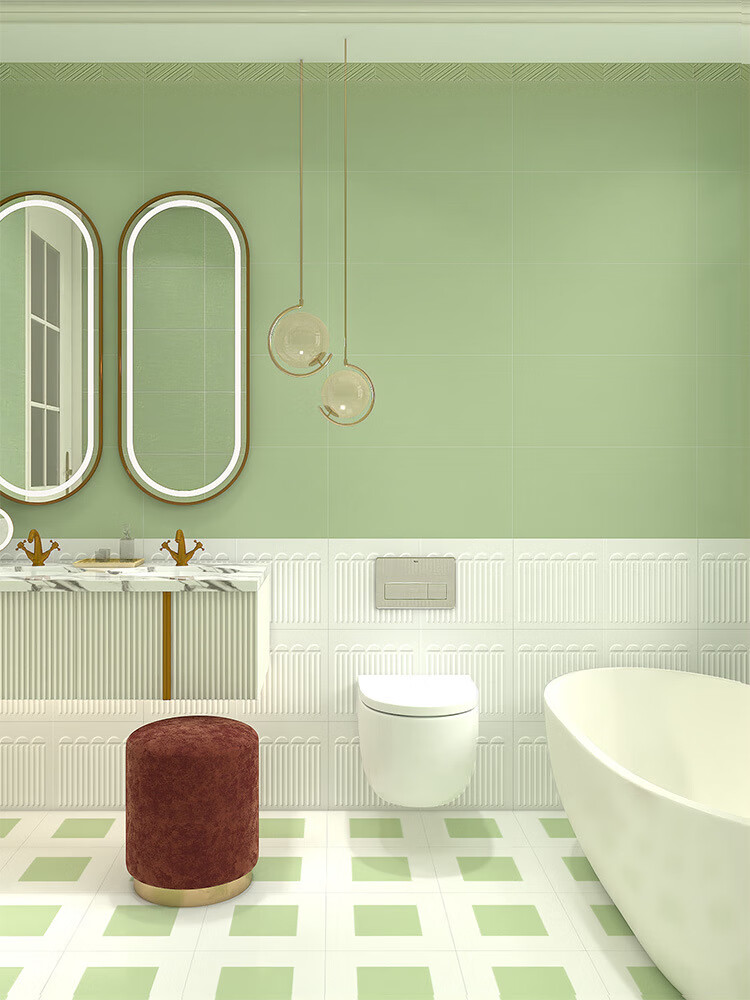 华欣硕牛油果绿卫生间瓷砖300x600 法式复古花砖浴室蜂窝鱼骨奶白色