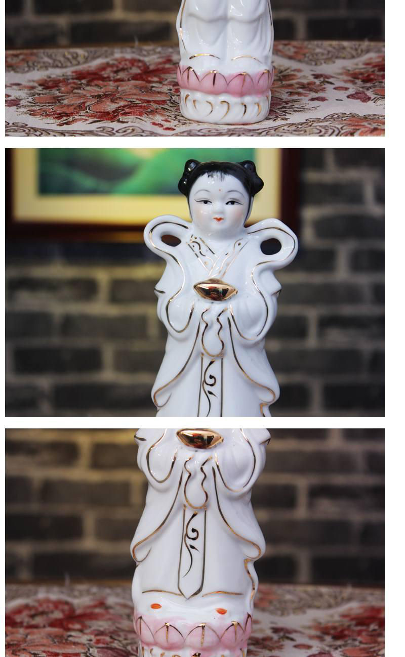 金童玉女陶瓷佛像供奉佛像童男童女财人物观音童子摆件礼品15厘米白色
