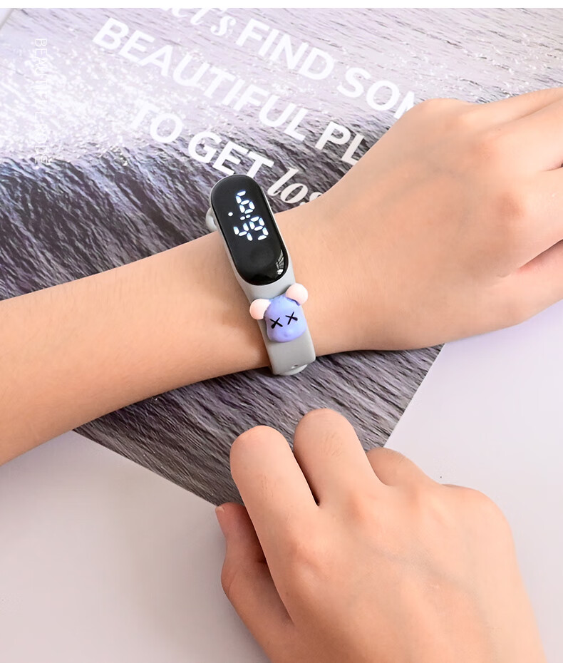 电子手表防水只看时间男生女孩中小学生可爱卡通led智能手环粉红豹