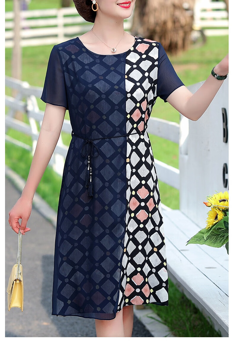 妈妈夏装雪纺短袖连衣裙小个子中老年直身裙子菱形格xl建议90105斤