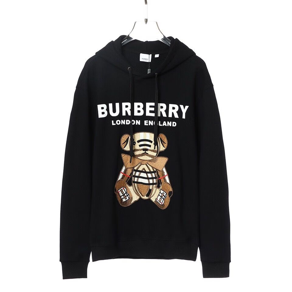 轻奢品质春秋潮牌格子小熊刺绣网红男女情侣潮流休闲套头卫衣 黑色 xs