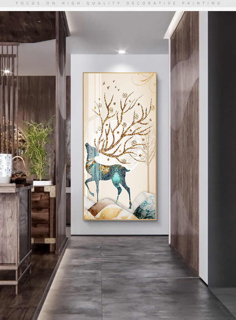 迎新必备玄关装饰画现代简约走廊过道尽头挂画竖版新中式福鹿壁画靓派