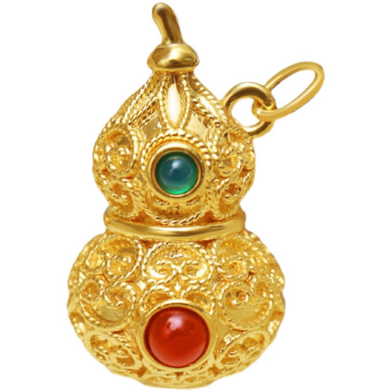 金甸福珠宝18k黄金葫芦吊坠福禄双全彩金锁骨项链女镶嵌玛瑙挂坠古法