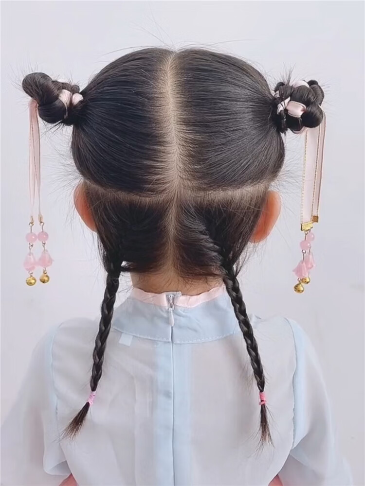 中国风儿童编发彩绳头饰女童汉服铃铛丸子头配饰宝宝金丝古风发饰铃铛