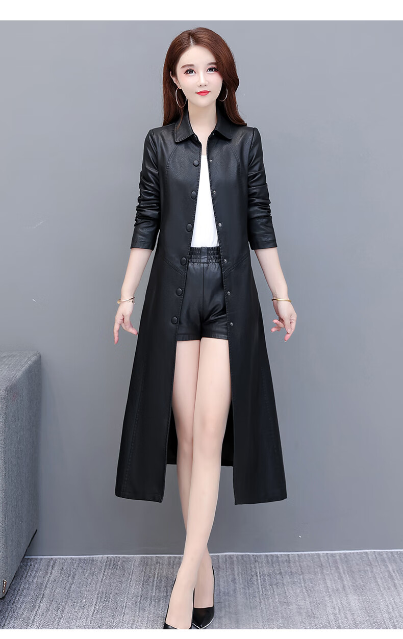 富贵鸟2021秋季新款海宁皮衣女中长款过膝时尚韩版修身大码皮风衣外套