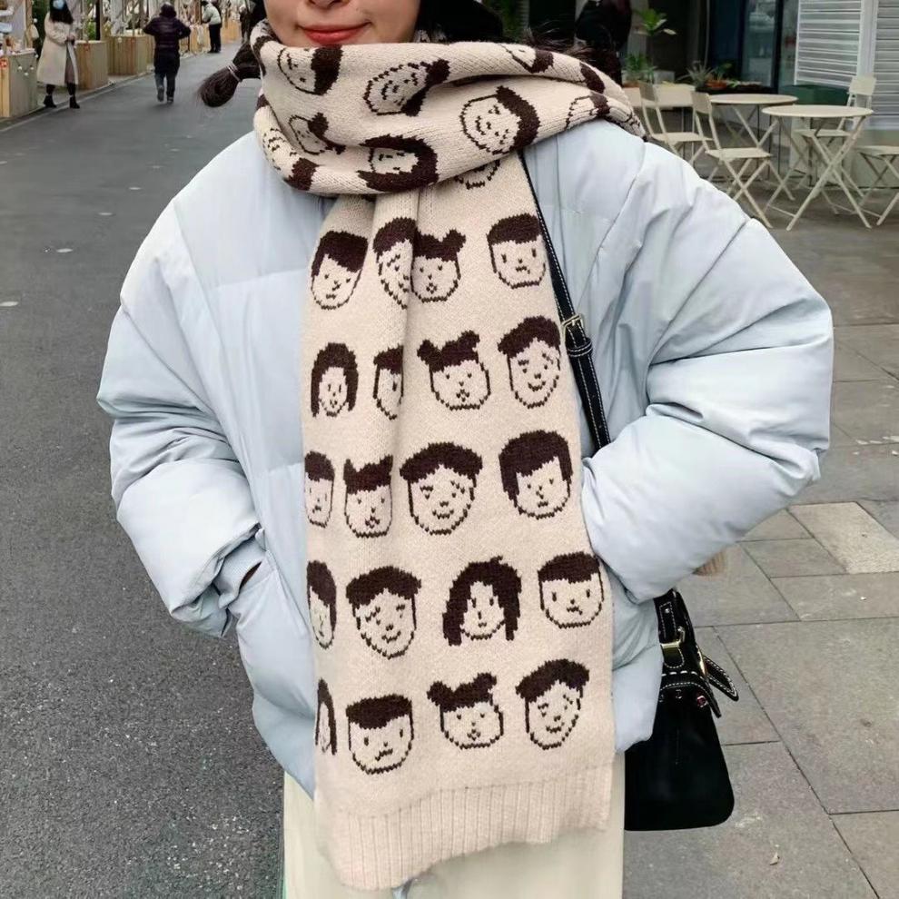 围巾女冬季保暖学生韩版可爱卡通头像少女百搭长款毛线编织小围脖黑色