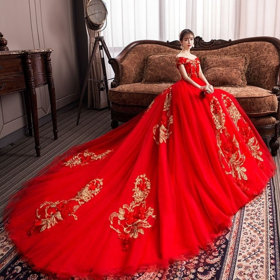 新娘中式拖尾婚纱礼服红色2022新款一字肩孕妇高腰胖mm遮孕肚显瘦红色