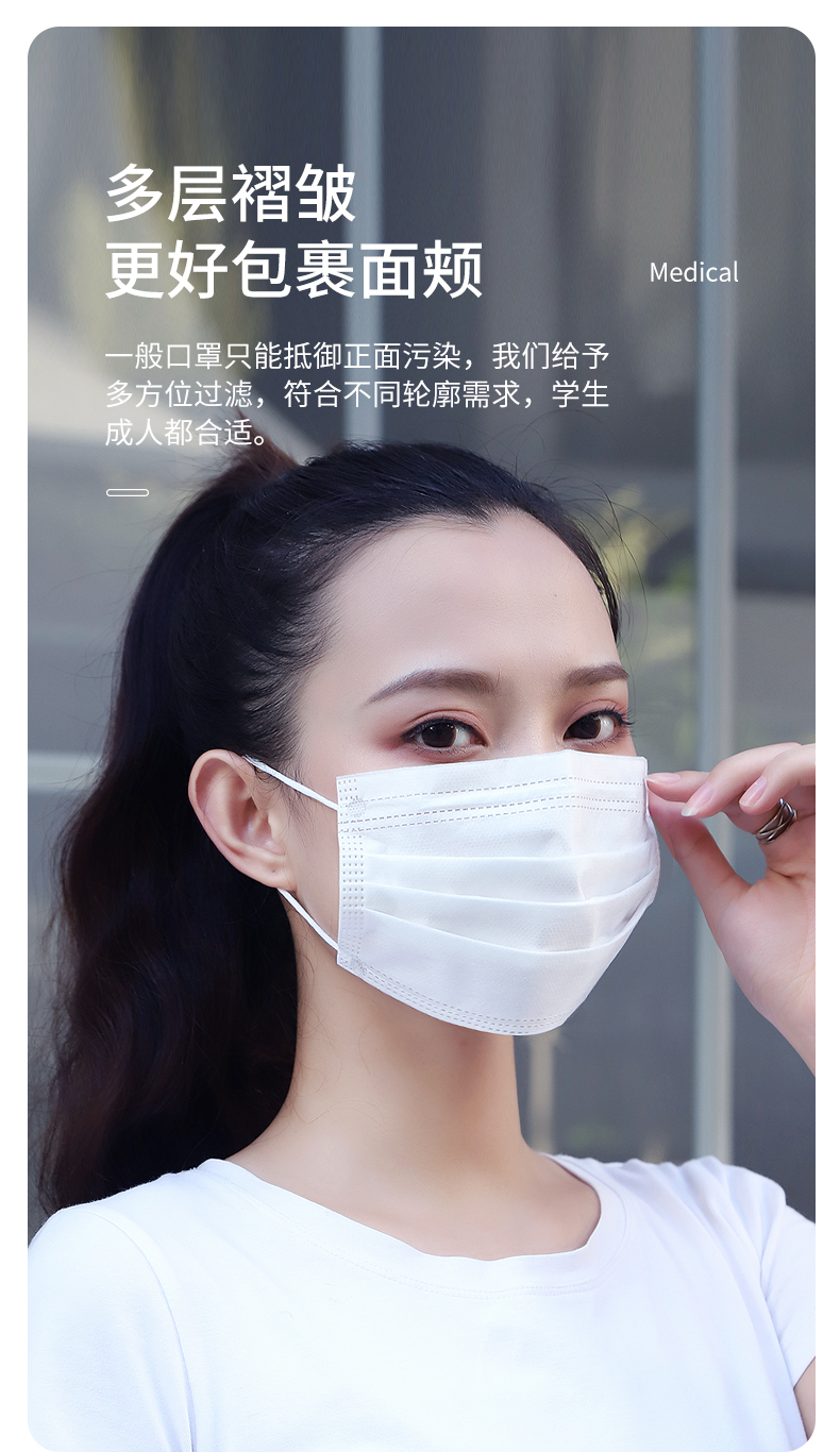 京健康xaxr100只白色医用一次性口罩三层透气薄款防护病毒独立包装