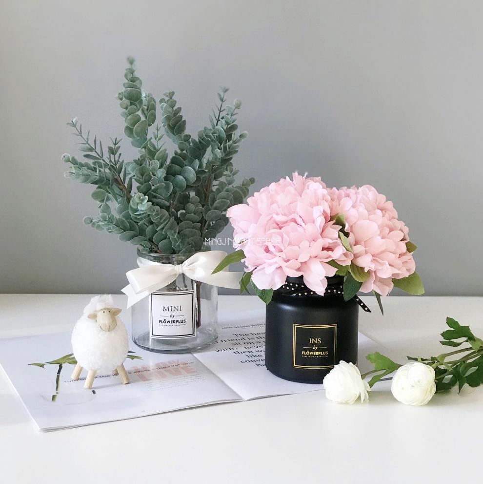 ins北欧玻璃花瓶花束套装家居客厅摆件插花花瓶拍照假花香槟色黑瓶