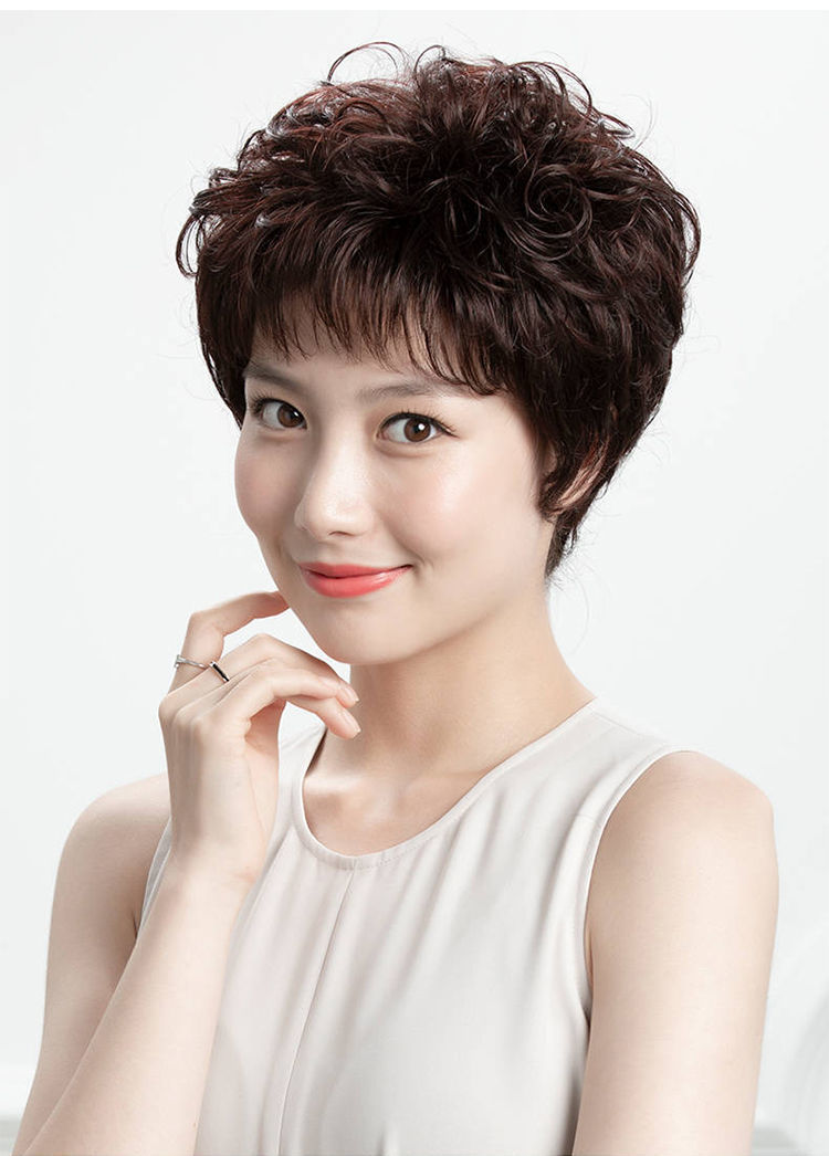 真发假发女短发卷发轻薄时尚烫小卷发中老年女士真头发假发套全真发