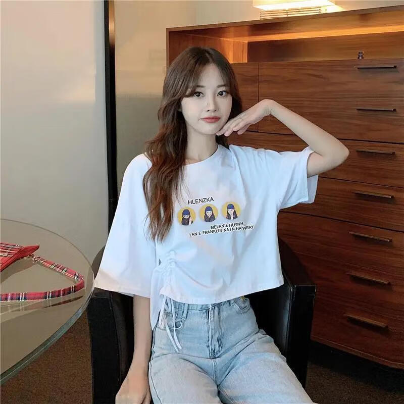 泫雅风短款短袖t恤女ins潮韩版学生宽松抽绳露肚脐高腰学生上衣夏女孩