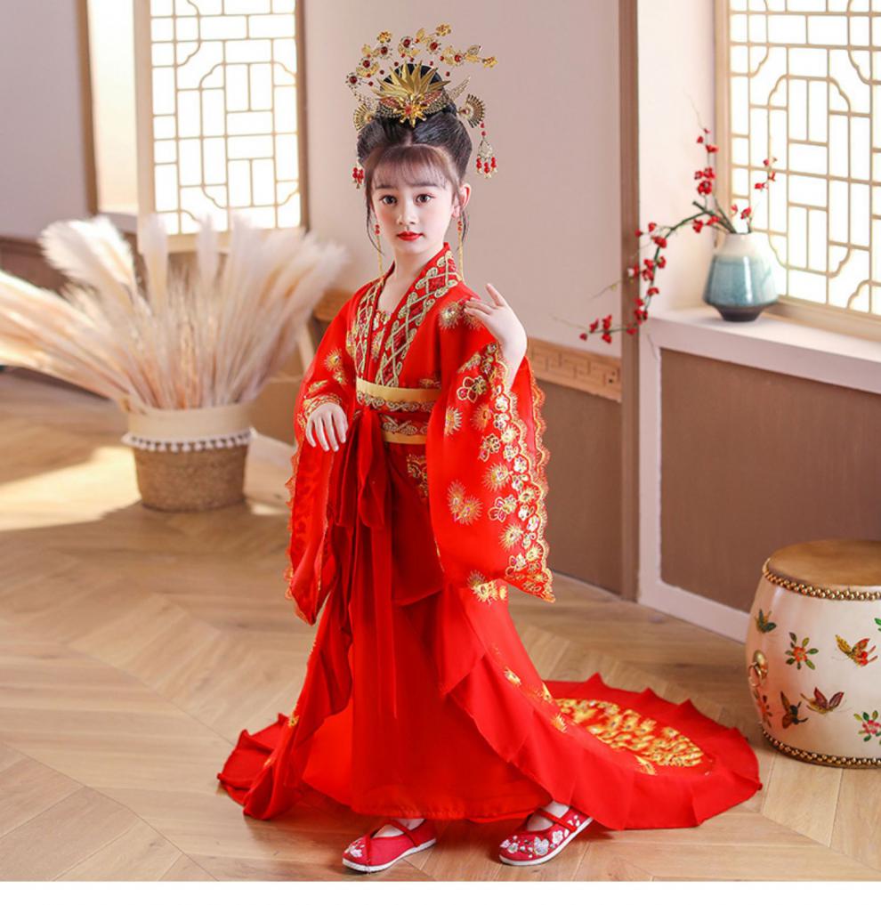 儿童古代皇后衣服古装女汉服皇后服贵妃拖尾 唐朝娘娘公主唐装仙孩cos