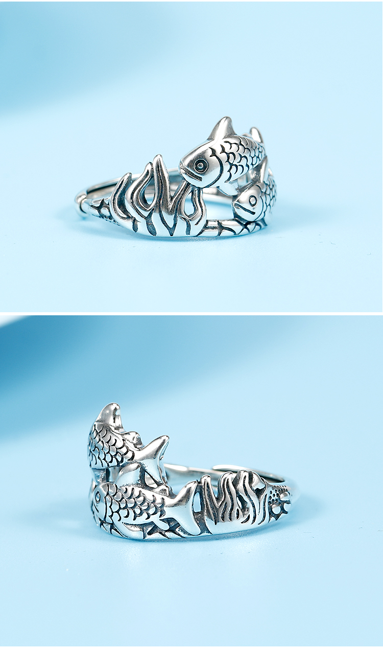 戒指女925小鱼戒子 时尚个性食指饰品旺财长款手饰 双鱼戒指,活口,圈