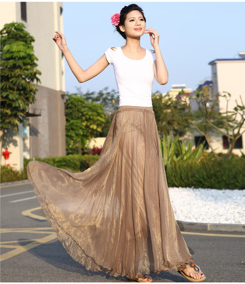 交谊舞群跳舞穿的半身大摆长裙金丝雪纺半身拖地长裙波西米亚长裙仙女