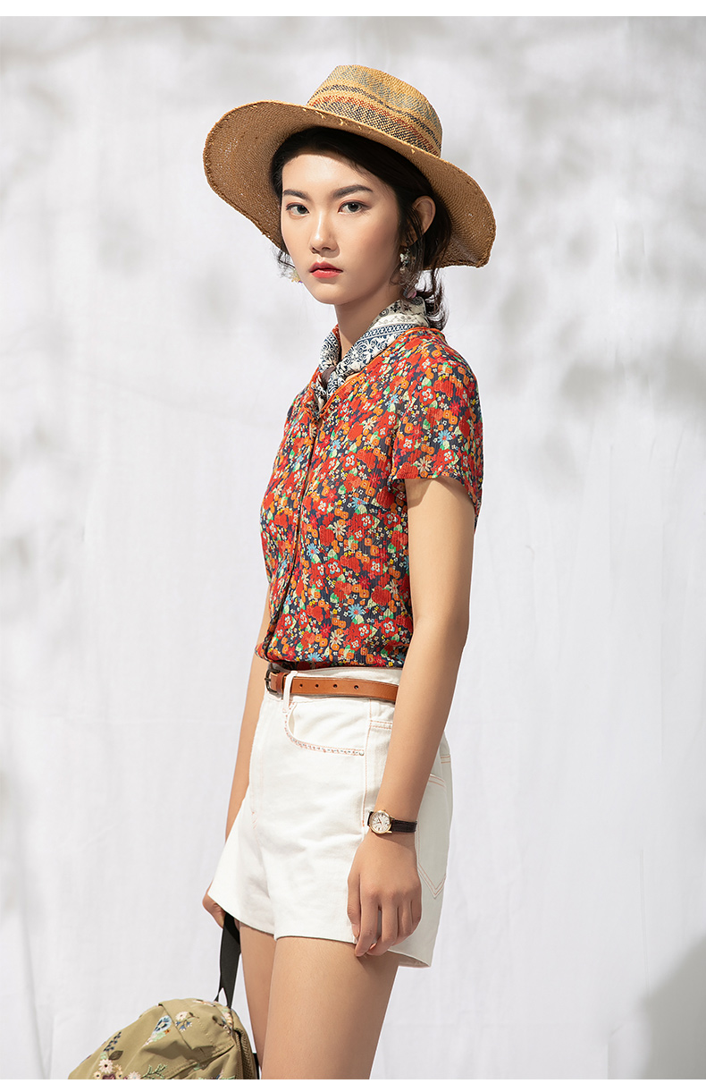 渔牌女装2022新款衬衫女夏季丝绵v领印花微邹短袖上衣女 红 170/88a/l