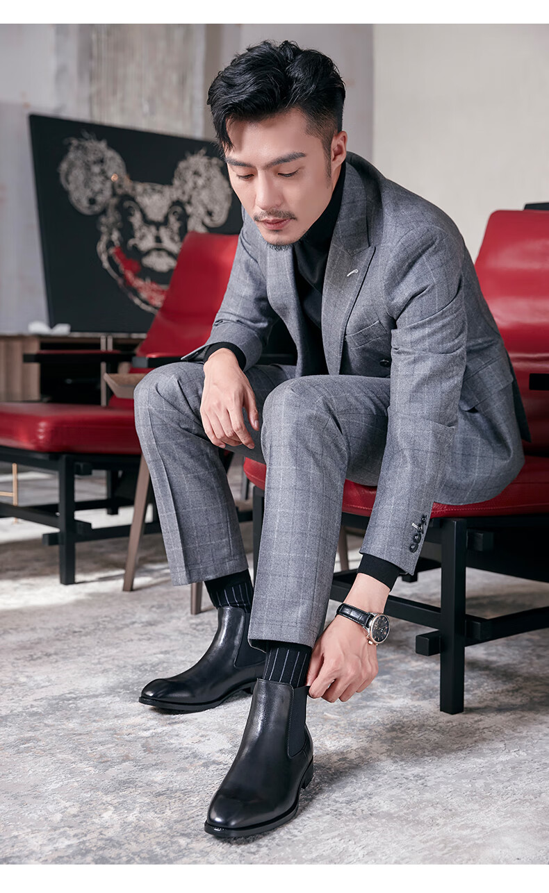 报喜鸟切尔西靴男高帮秋冬季新款马丁靴商务正装复古头层牛皮男士靴子