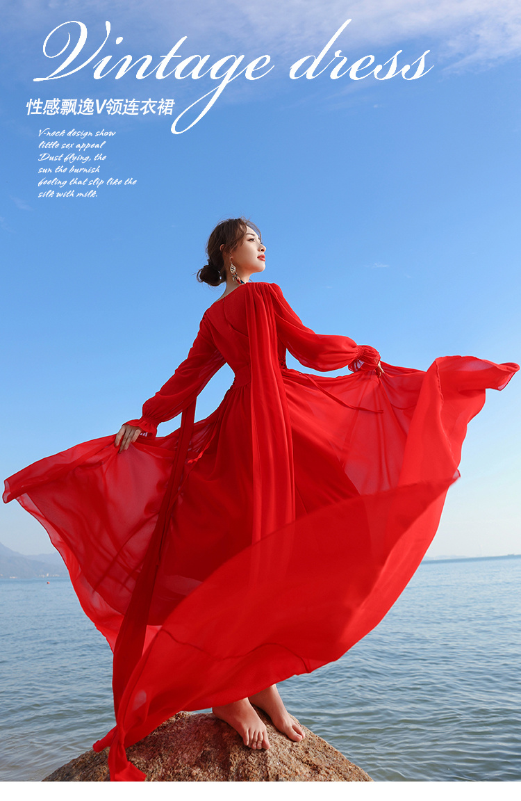 沙漠裙复古红色收腰连衣裙旅游拍照大摆长裙海边度假拖地沙滩裙 红色
