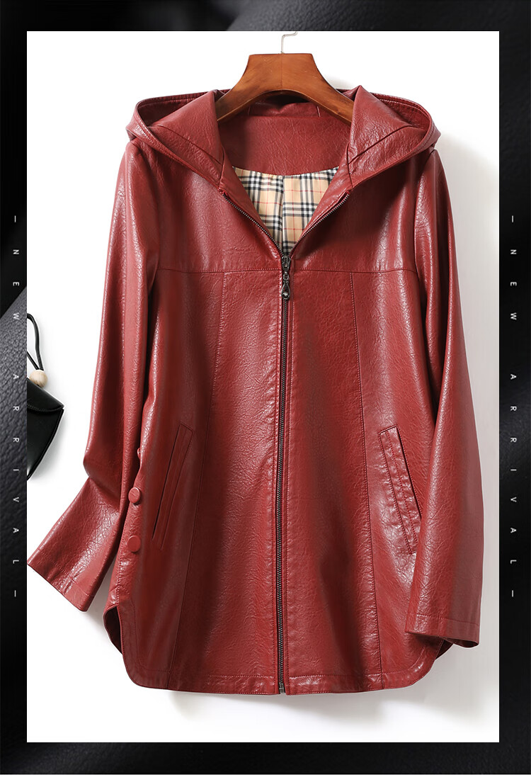 二八月女士皮外套皮衣女常规连帽宽松皮大衣海宁春秋羊皮女外套红色l