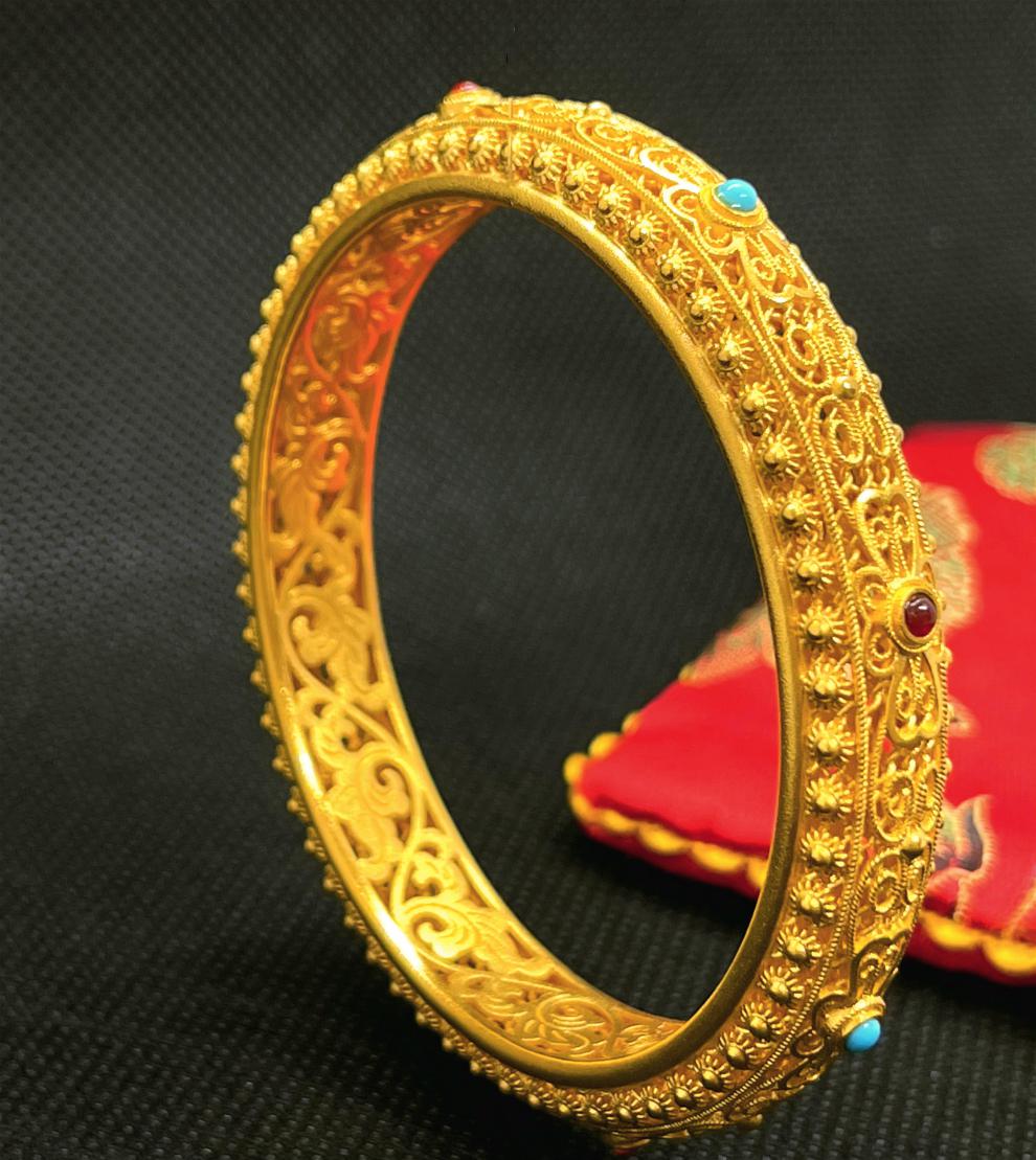 老凤凰 古法金足金999古法黄金如意缠枝纹花丝镂空手镯送礼实心定制