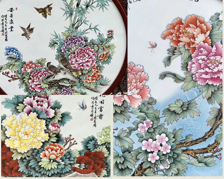 中国风陶瓷版画家里墙上陶瓷景德镇粉彩花鸟瓷板画新中式客厅背景墙