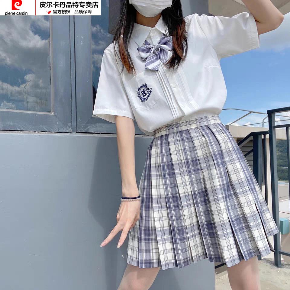 皮尔卡丹高档品牌女装温柔一刀jk制服裙格裙套装裙子夏季短裙衬衫短袖