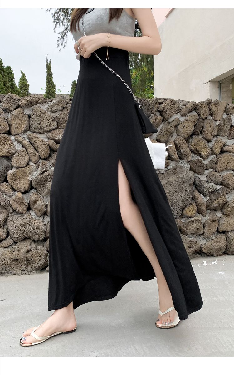 半身长裙脚踝黑色高开叉半身裙女2022夏季高腰显瘦垂坠感到脚踝长裙