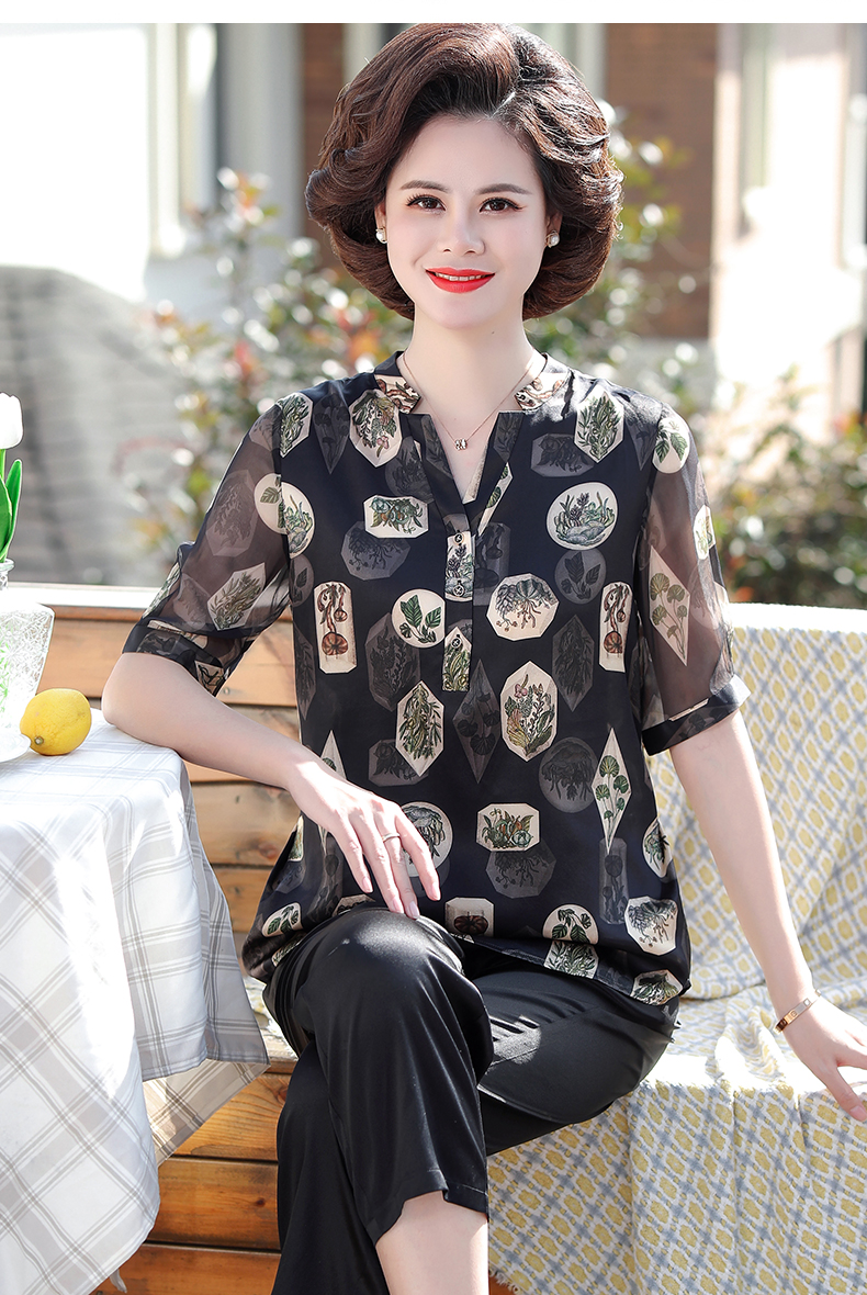 雅格罗伊夏天中年女性桑蚕丝半袖真丝短袖半截袖t恤妈妈夏装上衣女