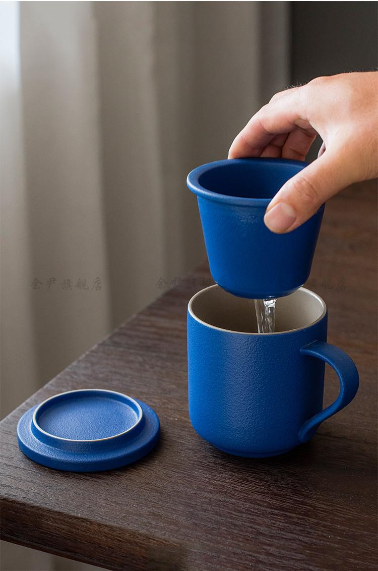 色带盖滤茶杯陶瓷喝茶杯马克杯泡茶杯日式水杯子蓝色山水杯带盖无滤胆