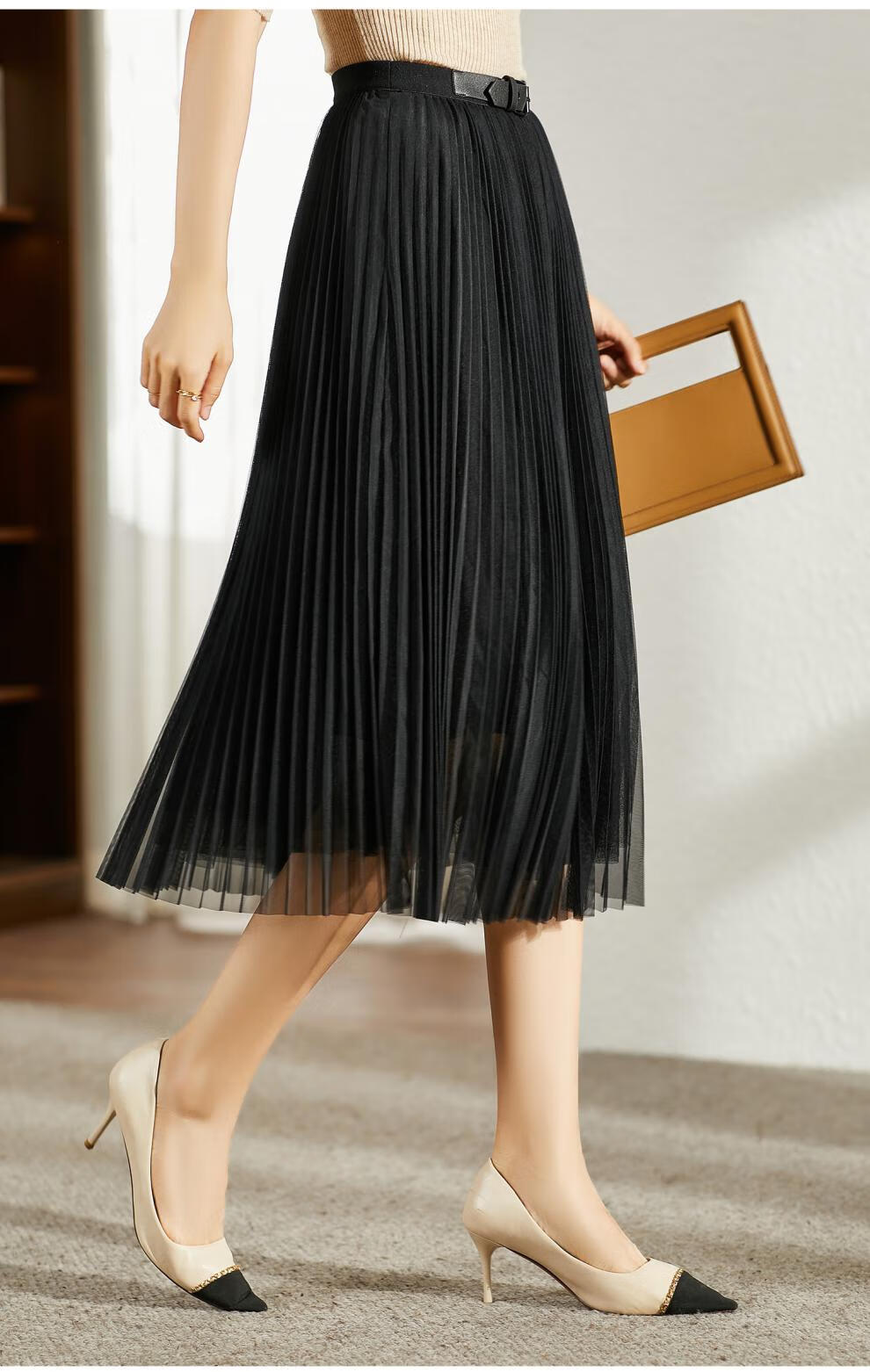 梵希蔓纱裙遮胯裙子显瘦半身裙中长款高腰a字裙黑色百褶裙秋装 f8783