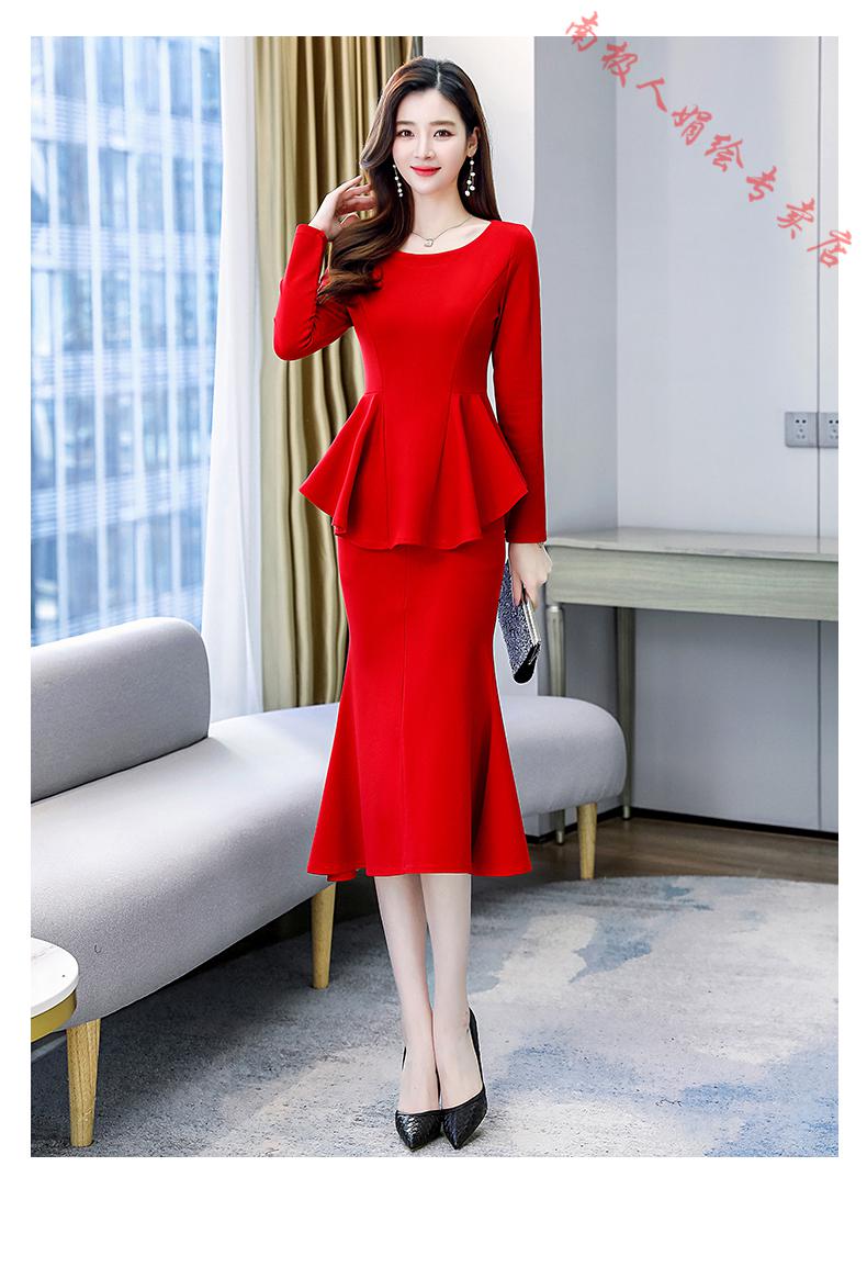 女秋季2022新款韩版显瘦荷叶边鱼尾裙子连衣裙两潮优雅气质时尚红色m