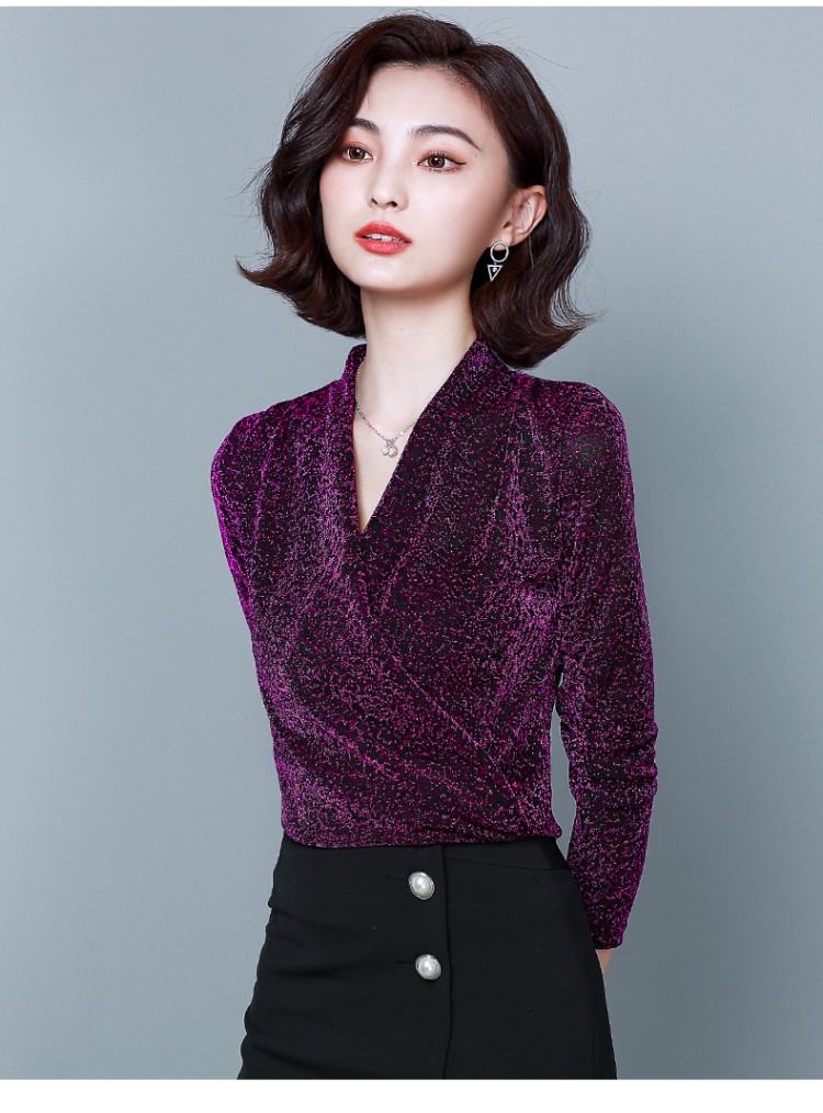 蕾丝打底衫女春秋冬季2021年新款洋气高端v领气质显瘦长袖上衣女 蓝色