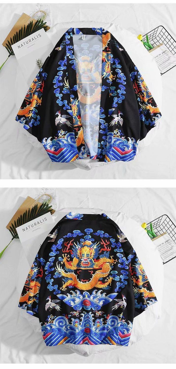 英梵度龙袍睡衣男士民族中国风龙袍皇帝夏季七分袖搭配休闲运动裤一