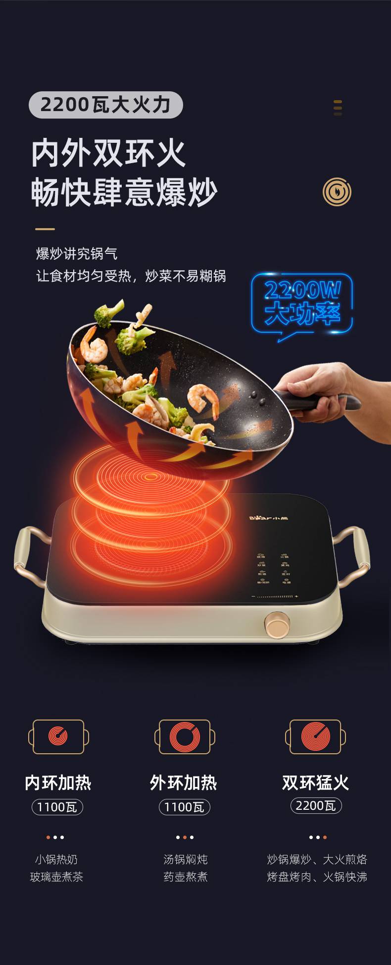 小熊电陶炉家用爆炒小型电磁炉锅炒菜锅一体智能新款大功率多功能皮谱