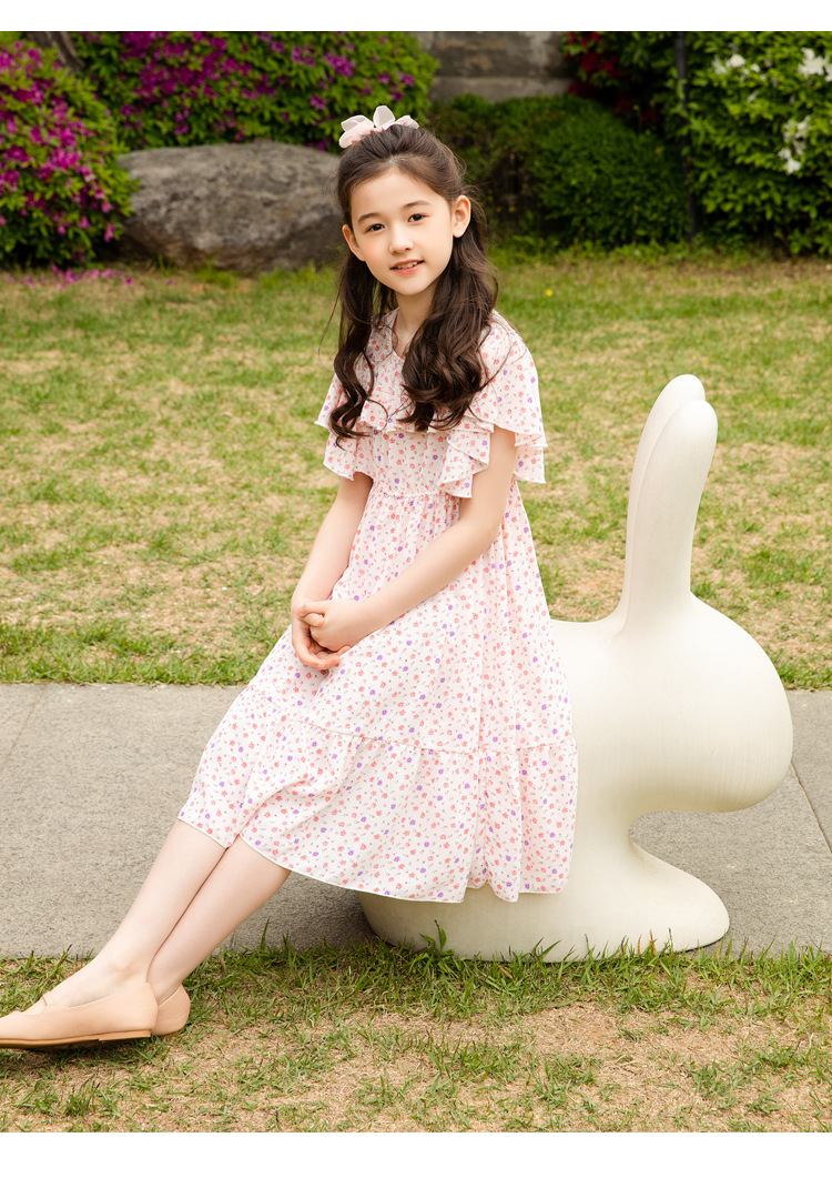 kidsmamdad女童2022新款连衣裙儿童裙子长裙碎花雪纺夏装女大童公主