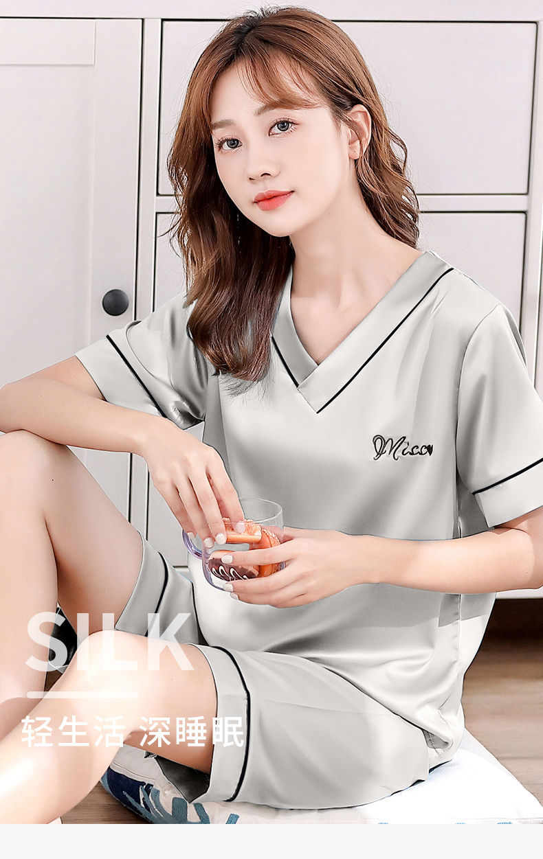 曼纳罗莱睡衣女夏季薄款冰丝短袖短裤短裤丝绸女士夏天家居服两件套装