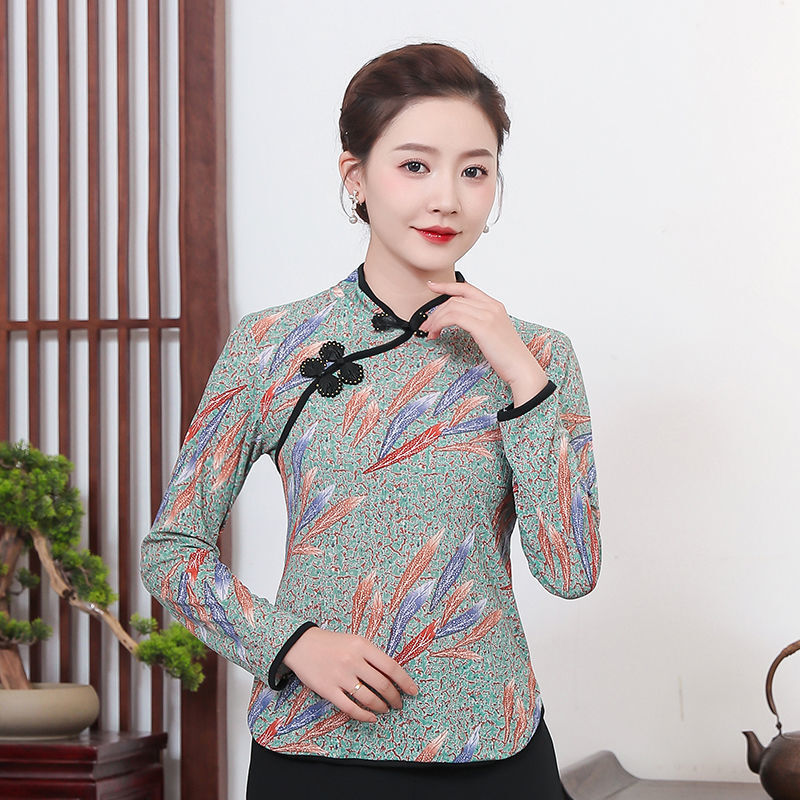 妈妈装长袖旗袍上衣大码秋季新款印花短款打底衫日常改良版中老年七分