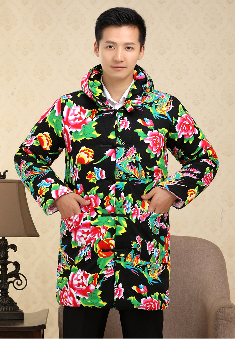 东北防寒大花布棉花棉袄子棉服 男成人中长款连帽加肥加大码加厚保暖