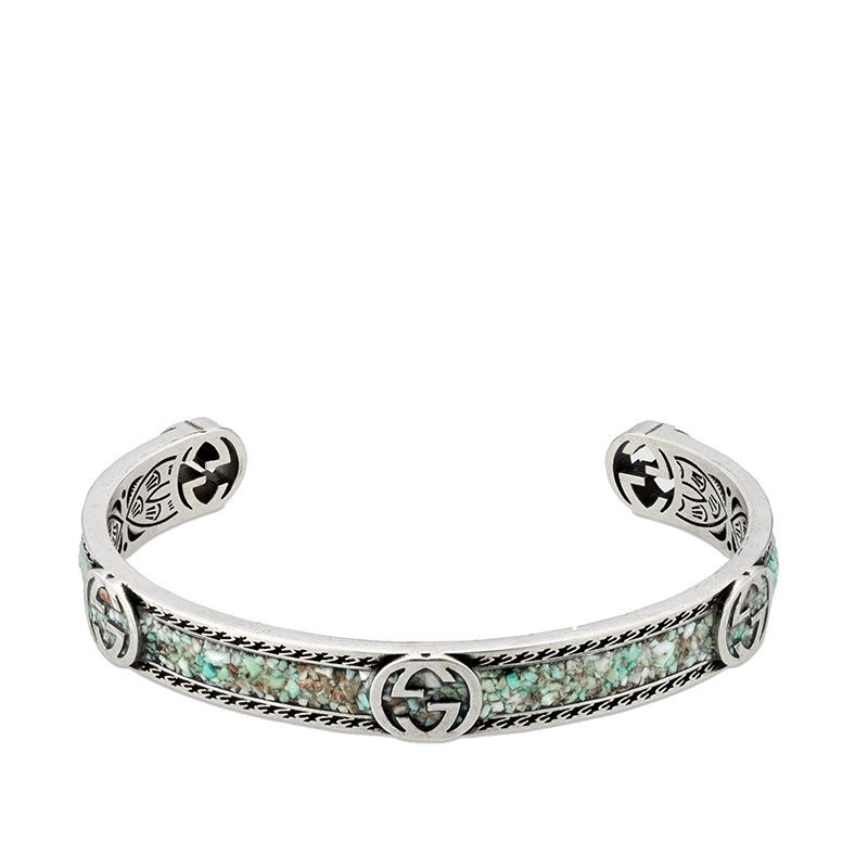 gucci古驰2021春夏新款925银浅蓝色和灰色珐琅gg图案手镯银色16cm