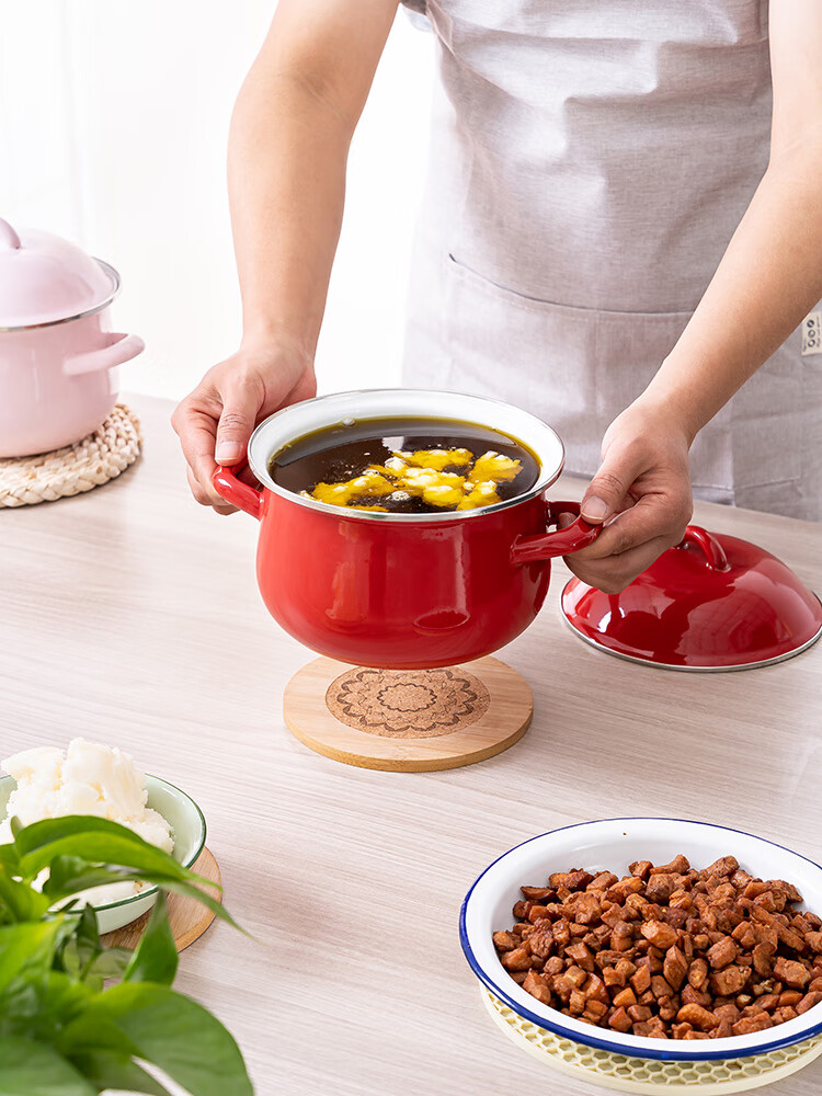 搪瓷盆老式家用猪油盆带盖瓷盆直接装热油加厚双耳荤油熟油 5斤-热