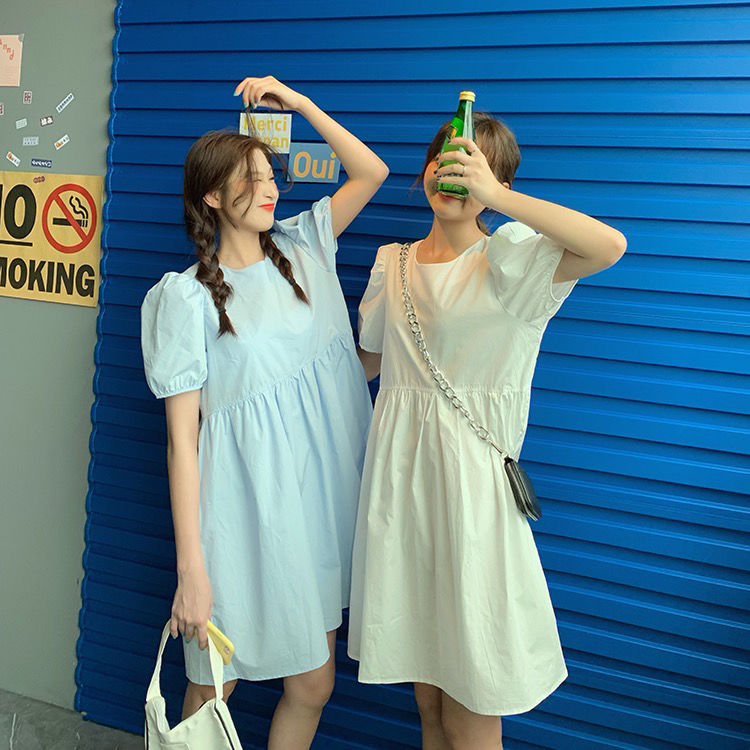 新款夏季韩版法式泡泡袖连衣裙学生超仙闺蜜裙子ins白色宽松版m105115